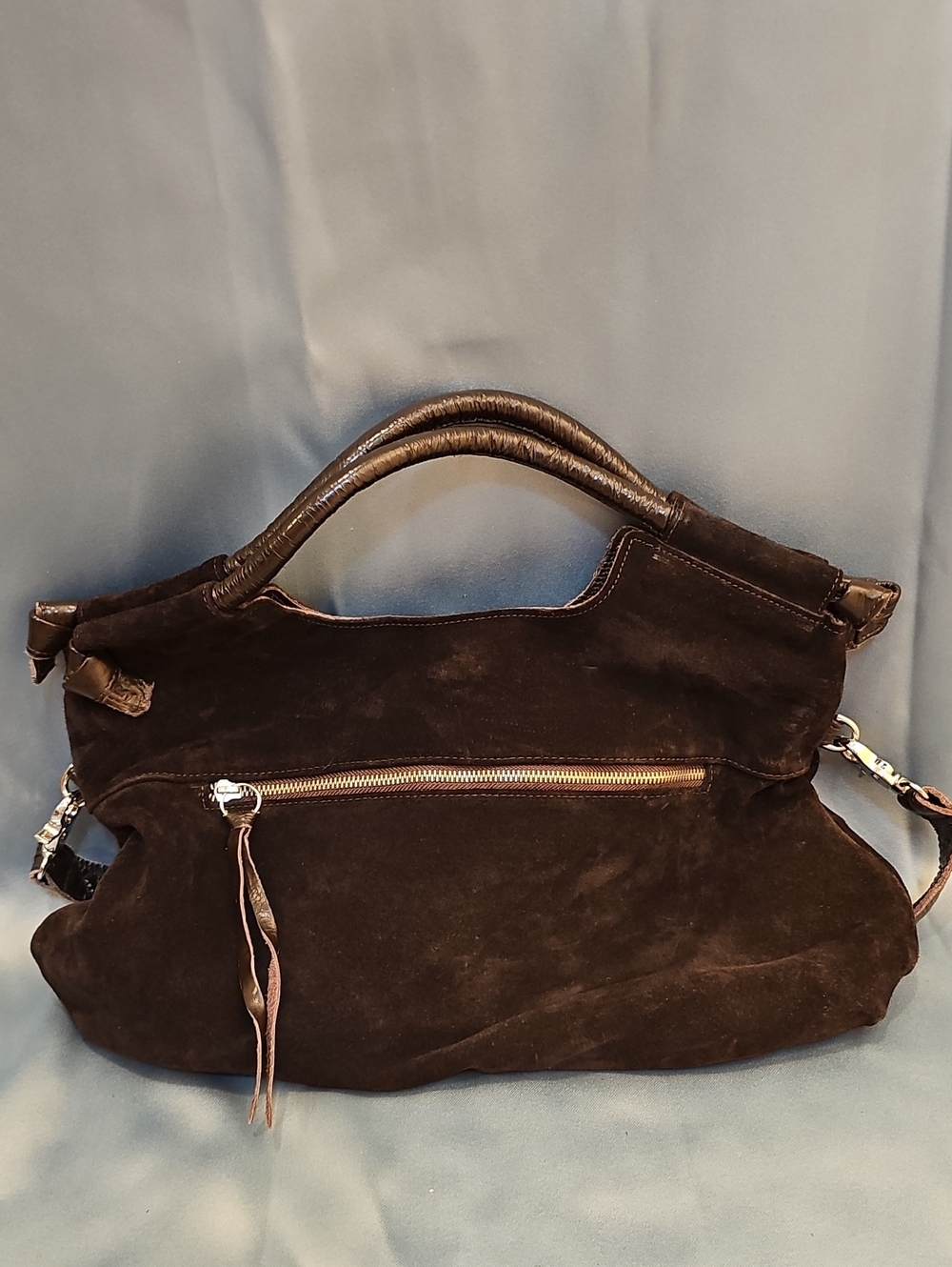 Foley + Corinna Mid City Bag Dark Brown Suede + Brown Patent Leather Clutch